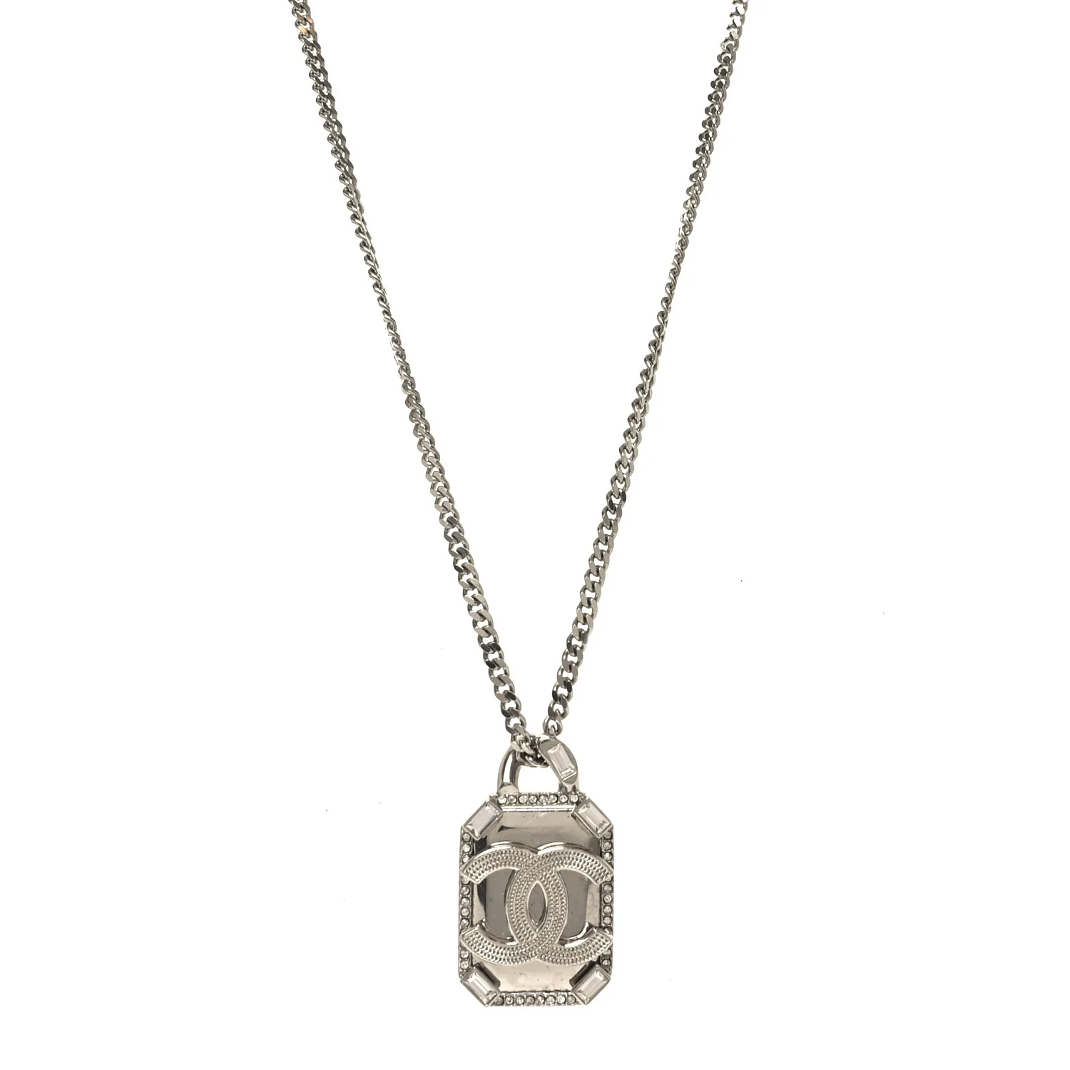 Crystal Baguette CC Mirror Pendant Necklace Silver