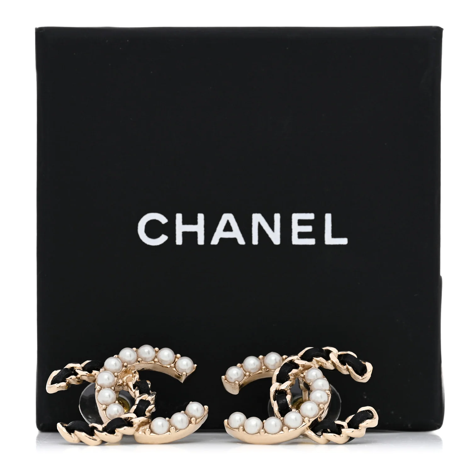 Crystal Baguette Lambskin Chain CC Vintage Allure Stud Earrings Black Gold - Image 5