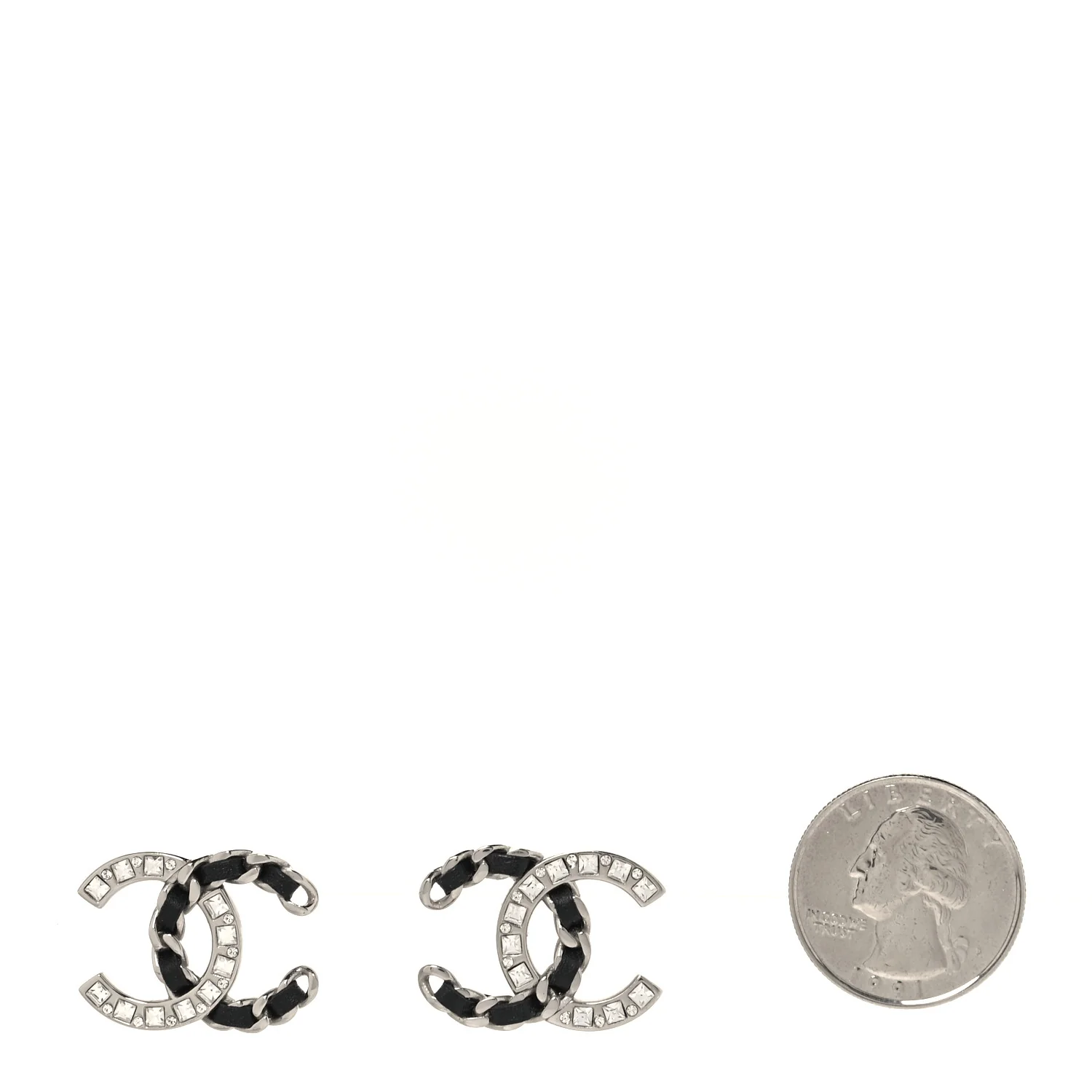 Crystal Baguette Lambskin Chain CC Vintage Allure Stud Earrings Black Silver - Image 3