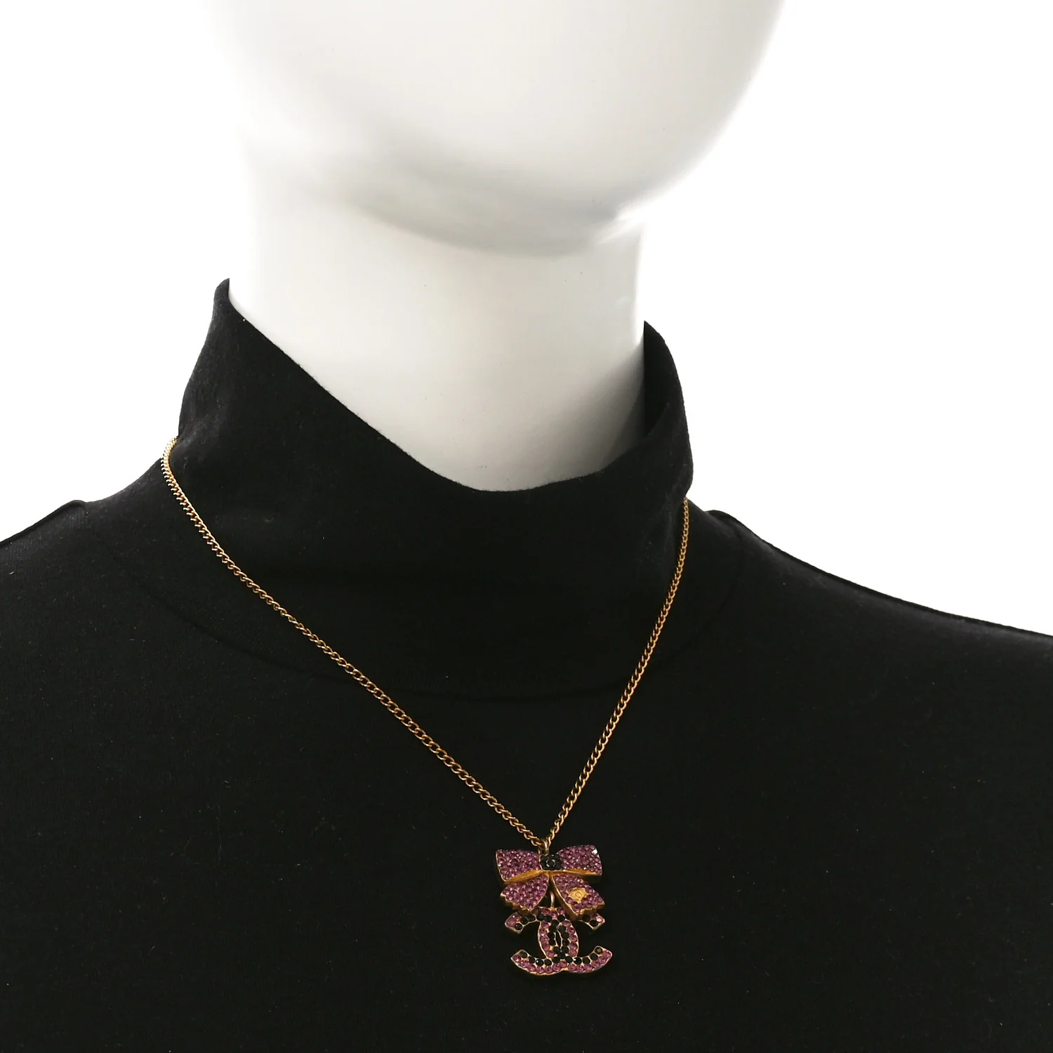 Crystal CC Bow Necklace Gold Purple - Image 2