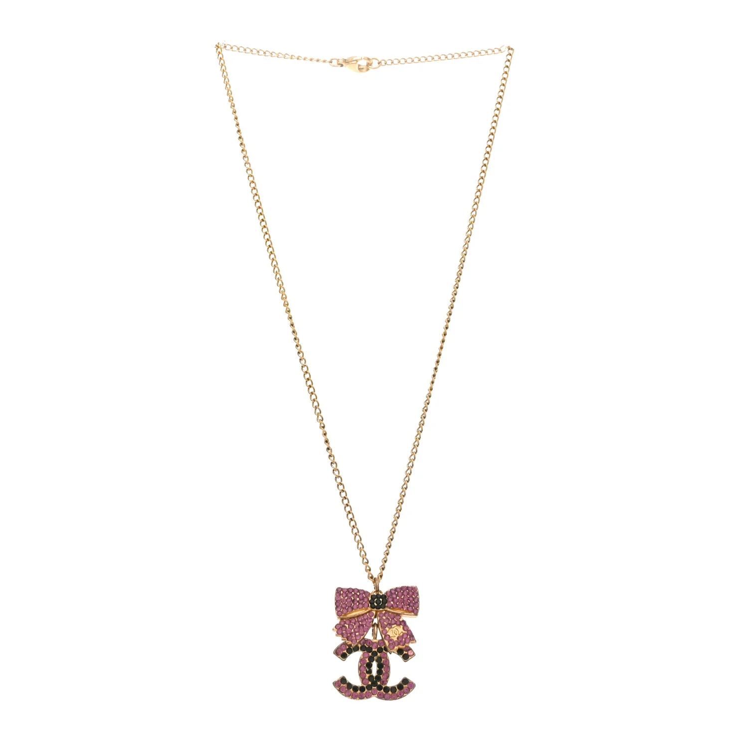 Crystal CC Bow Necklace Gold Purple - Image 3