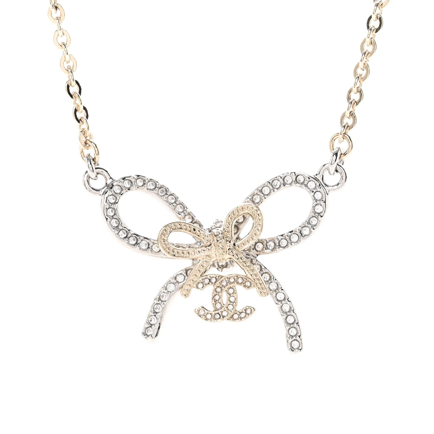 Crystal CC Bow Pendant Necklace Gold Silver - Image 4