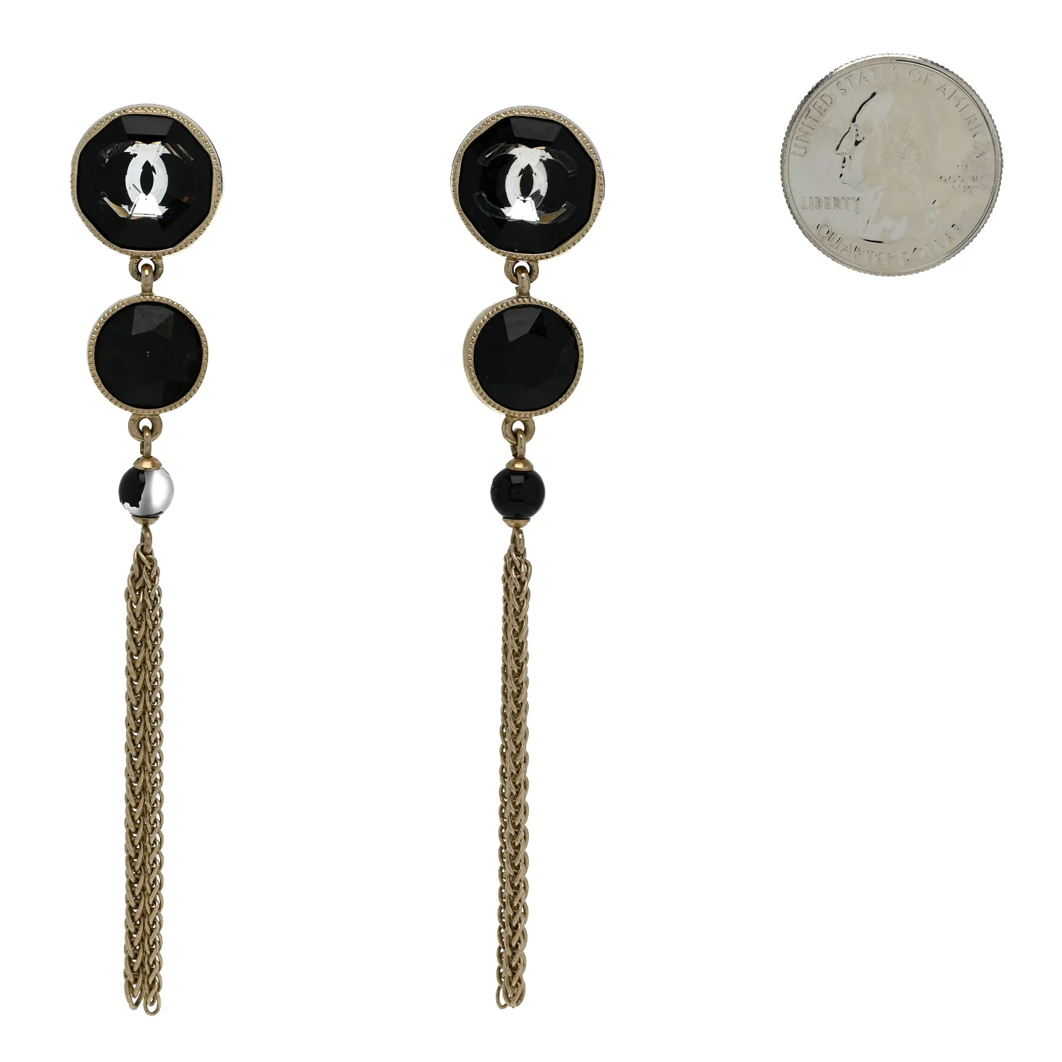 Crystal CC Chain Tassel Drop Earrings Gold Black - Image 2