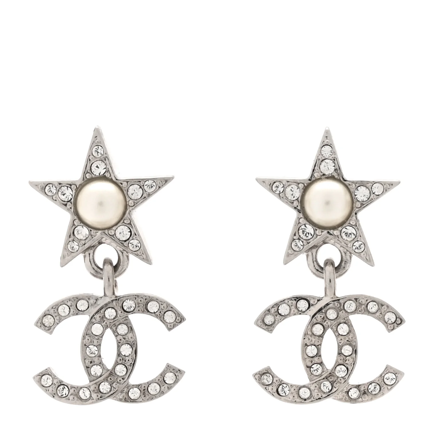 Crystal CC Pearl Star Drop Earrings Silver