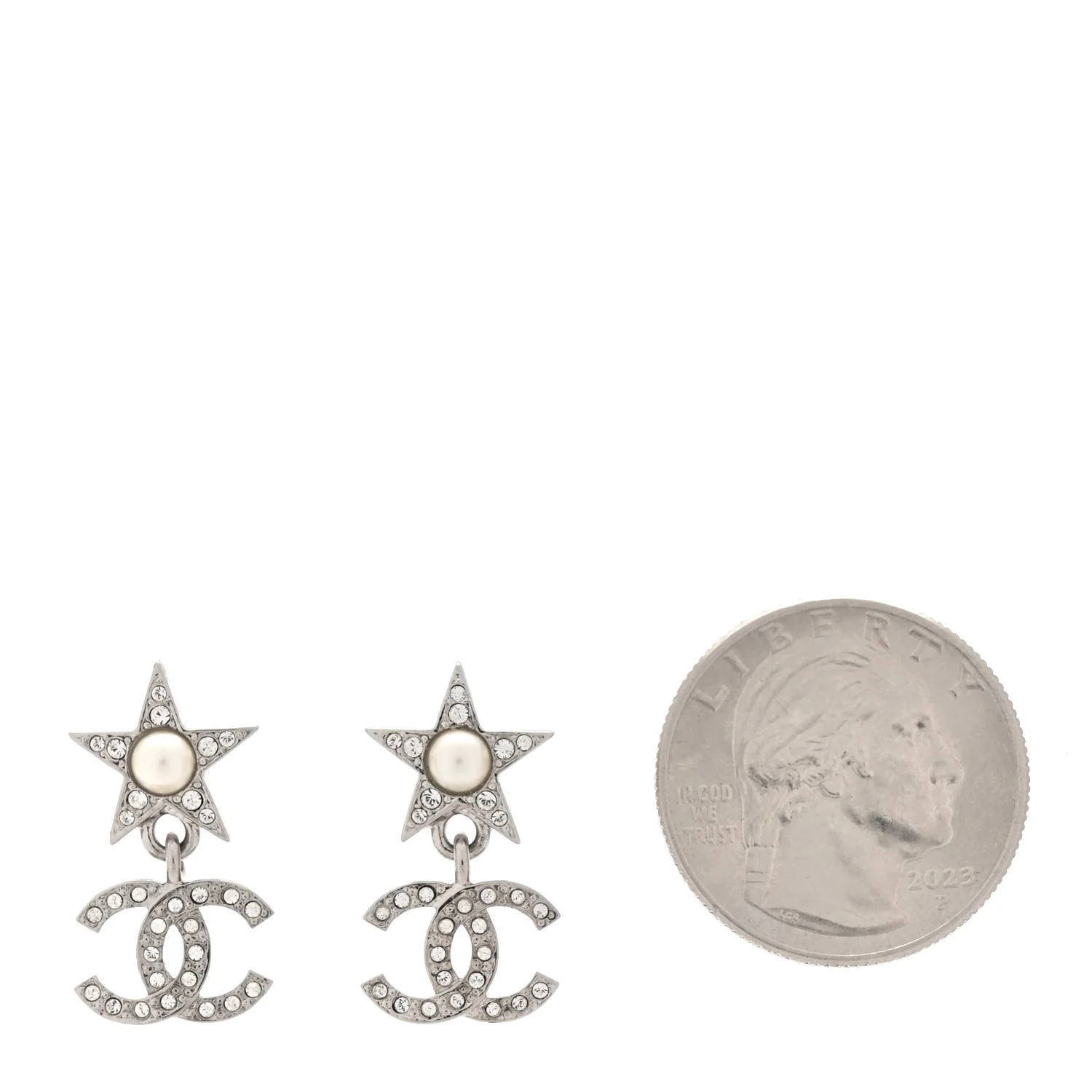 Crystal CC Pearl Star Drop Earrings Silver - Image 2