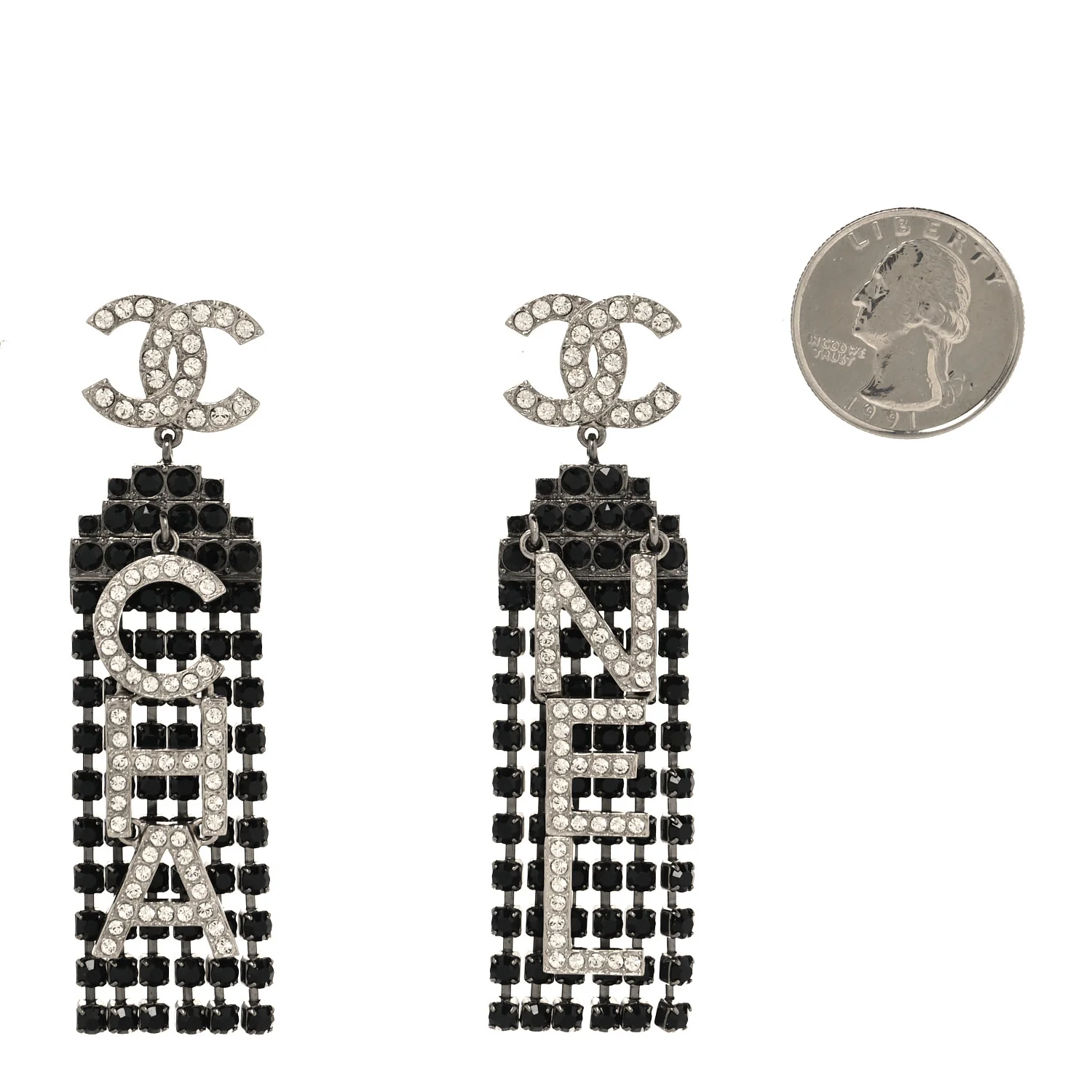 Crystal CC Strass Cha-Nel Logo Drop Earrings Silver Black - Image 3