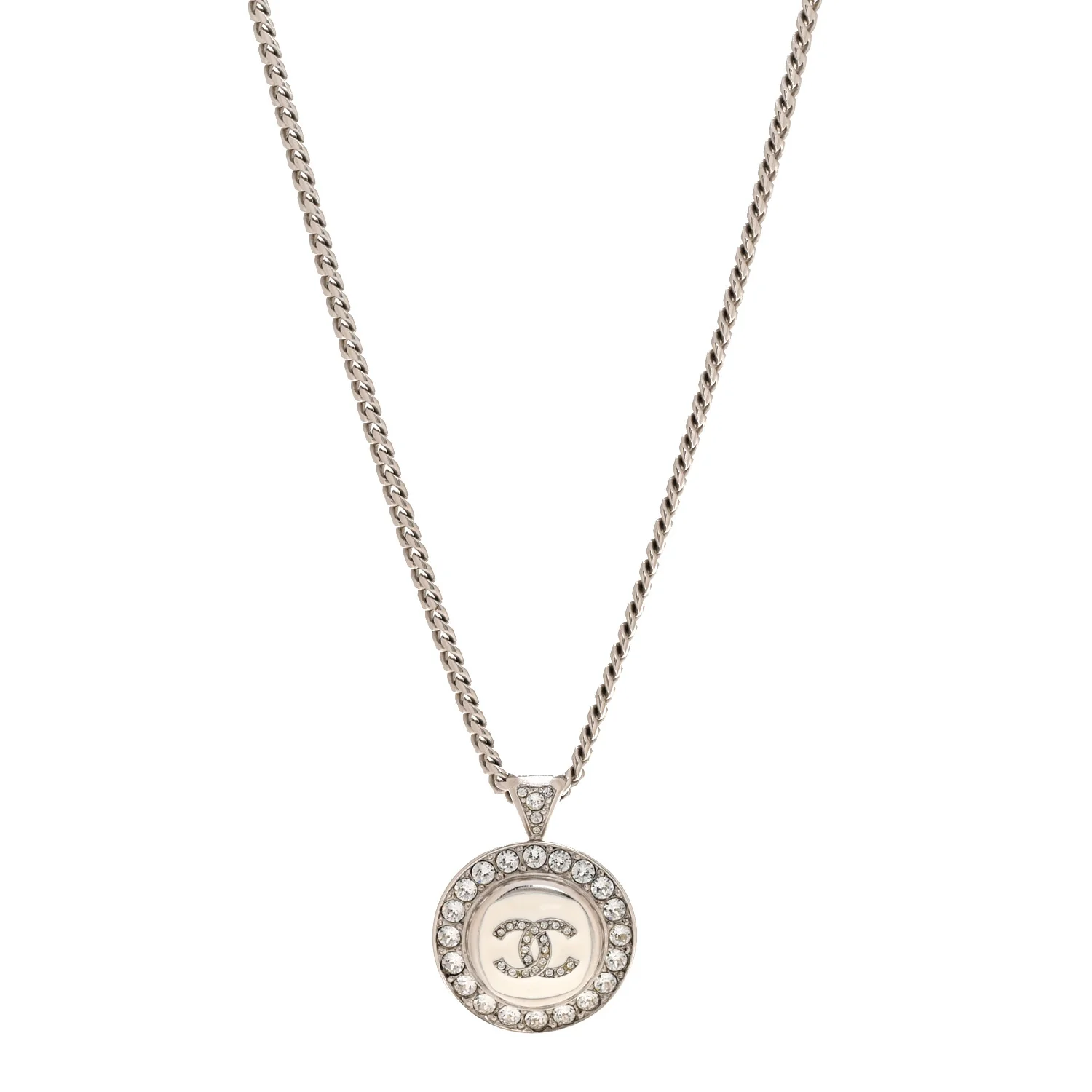 Crystal Enamel CC Pendant Necklace Silver White