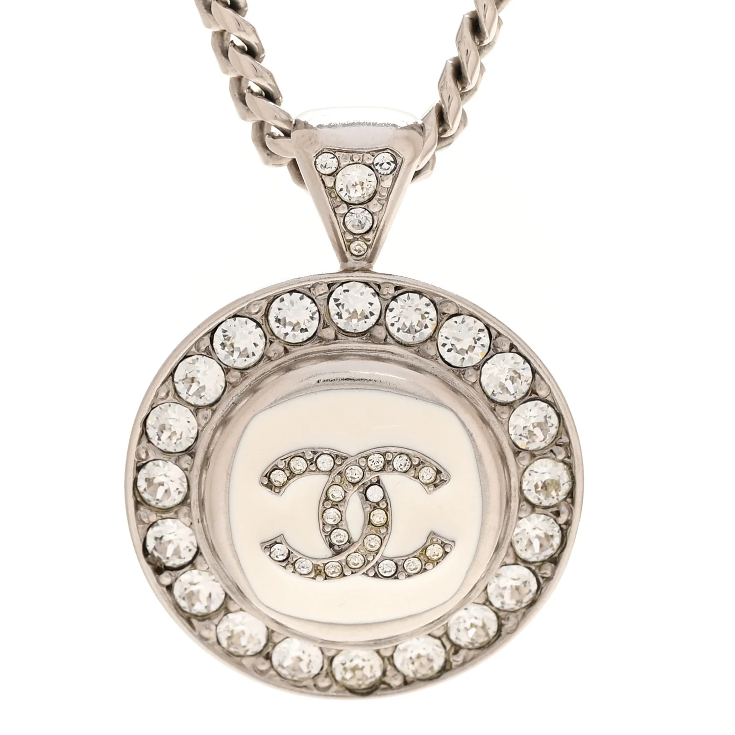 Crystal Enamel CC Pendant Necklace Silver White - Image 4