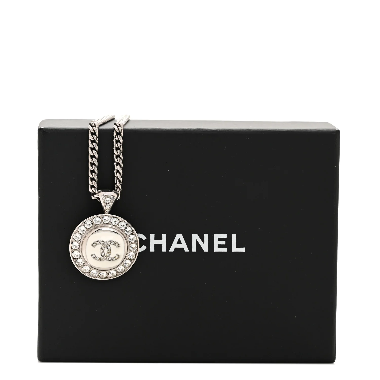 Crystal Enamel CC Pendant Necklace Silver White - Image 6