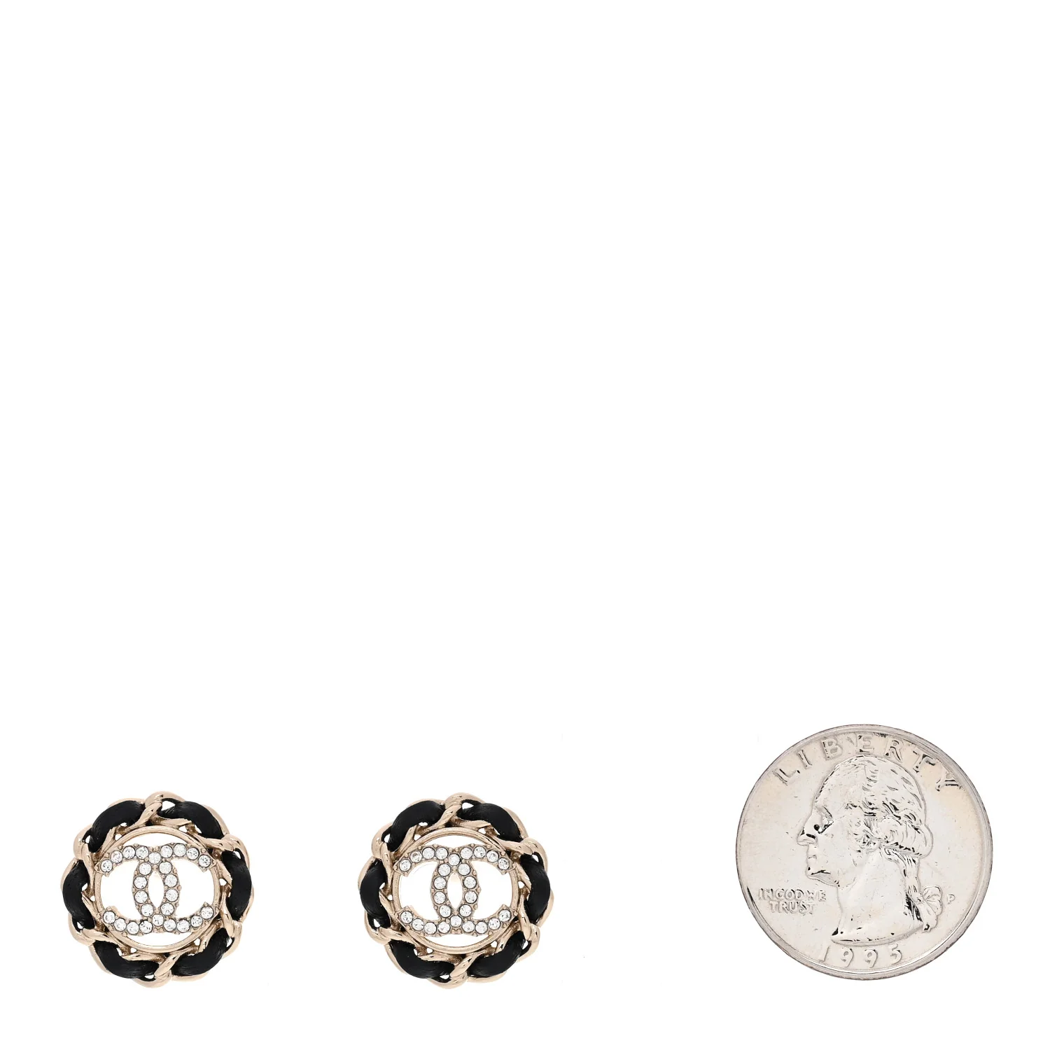 Crystal Lambskin Chain CC Stud Earrings Black Gold - Image 2