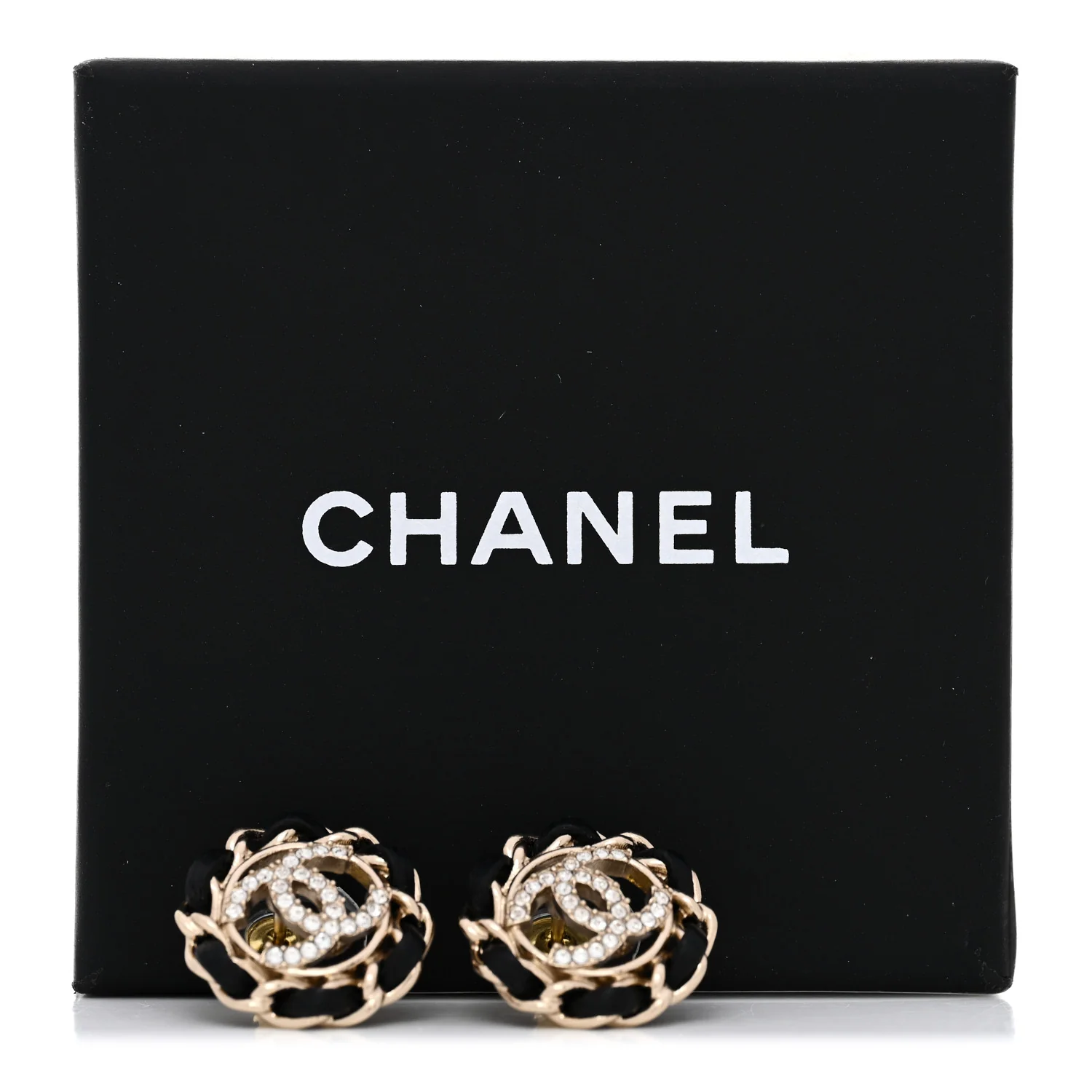 Crystal Lambskin Chain CC Stud Earrings Black Gold - Image 5