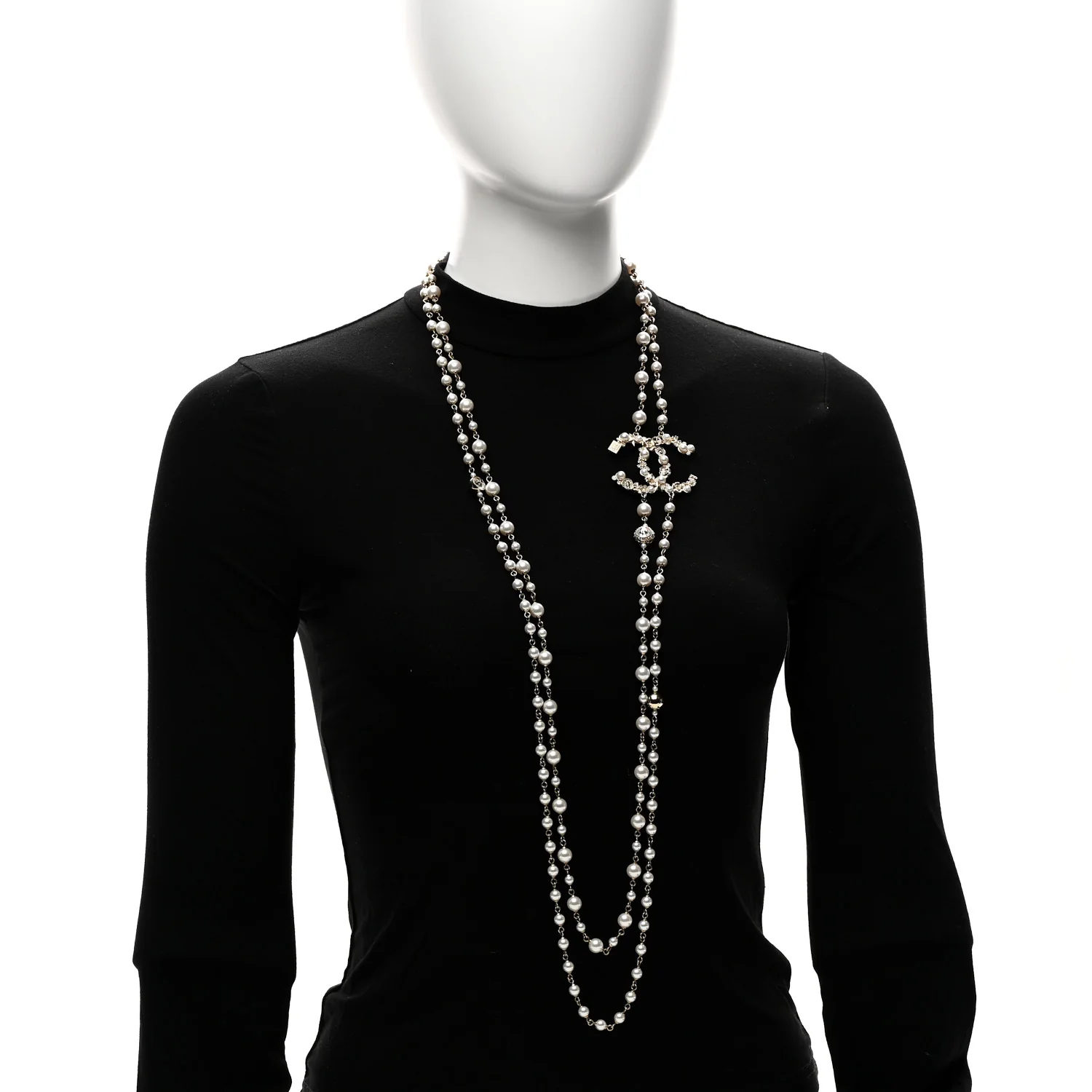 Crystal Pearl CC Charms Long Necklace Light Gold - Image 2
