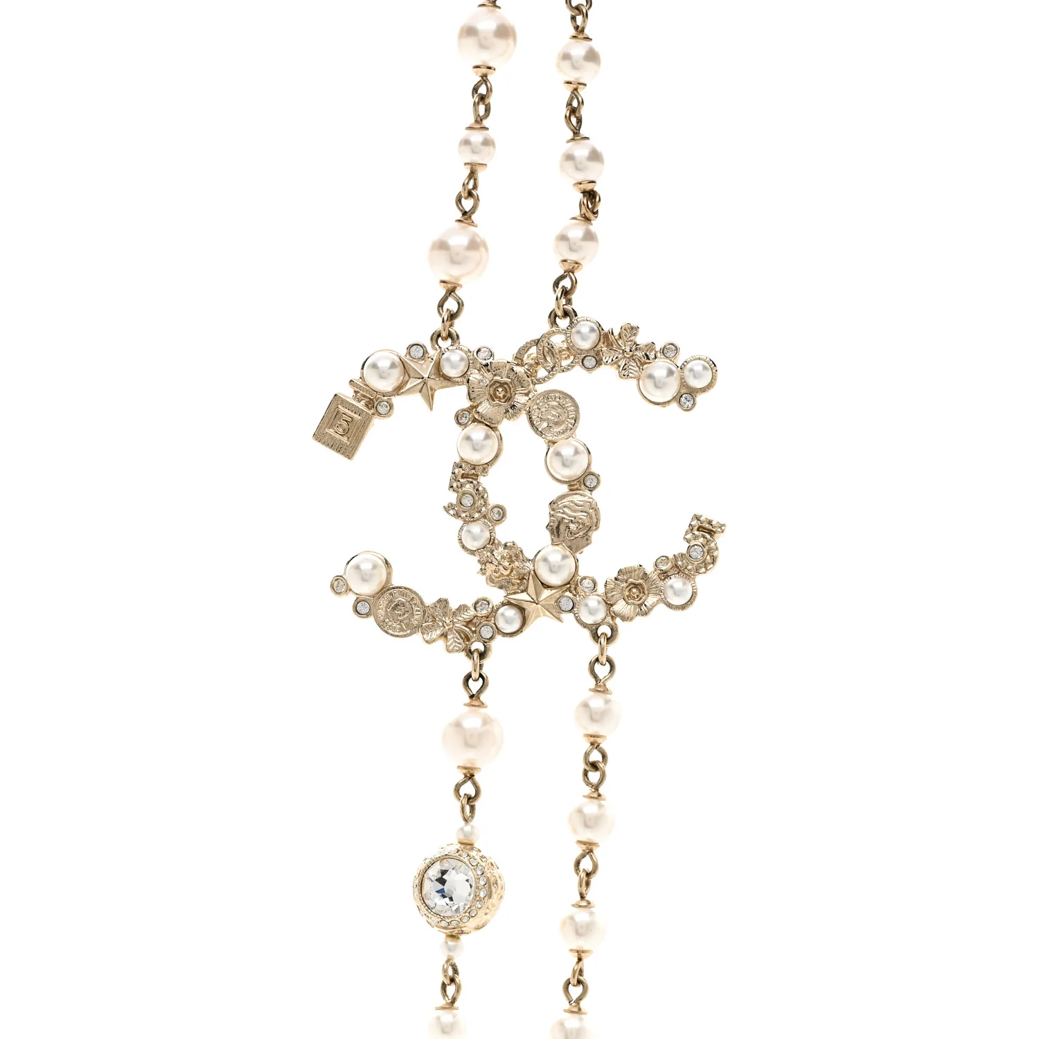 Crystal Pearl CC Charms Long Necklace Light Gold - Image 4