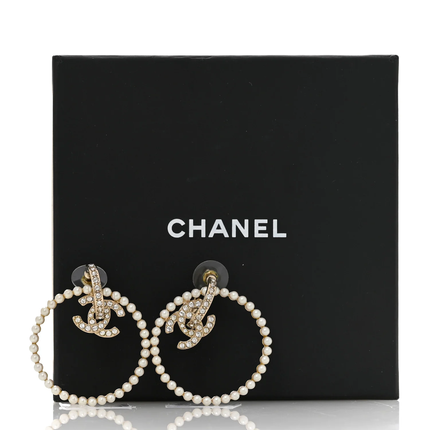 Crystal Pearl CC Door Knocker Hoop Earrings Gold Pearly White - Image 5