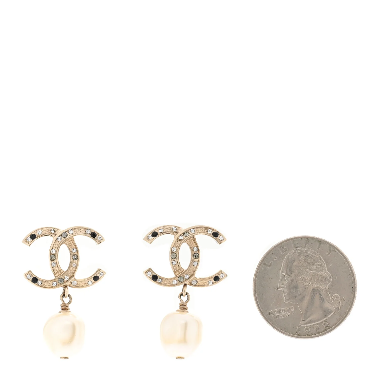 Crystal Pearl CC Drop Earrings Gold Black - Image 2