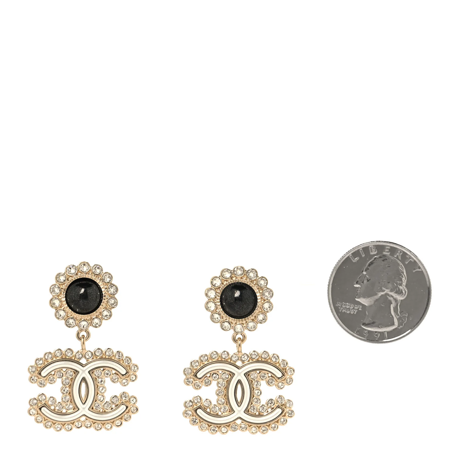Crystal Pearl CC Drop Earrings Gold Black - Image 5