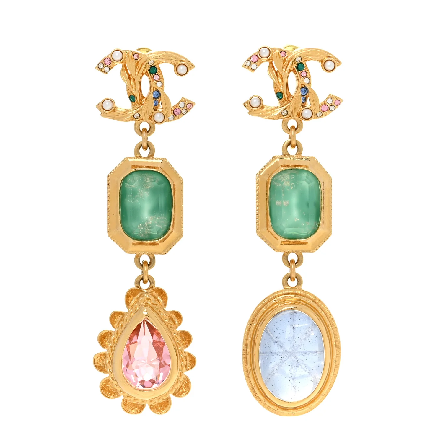 Crystal Pearl CC Drop Earrings Gold Green Pink