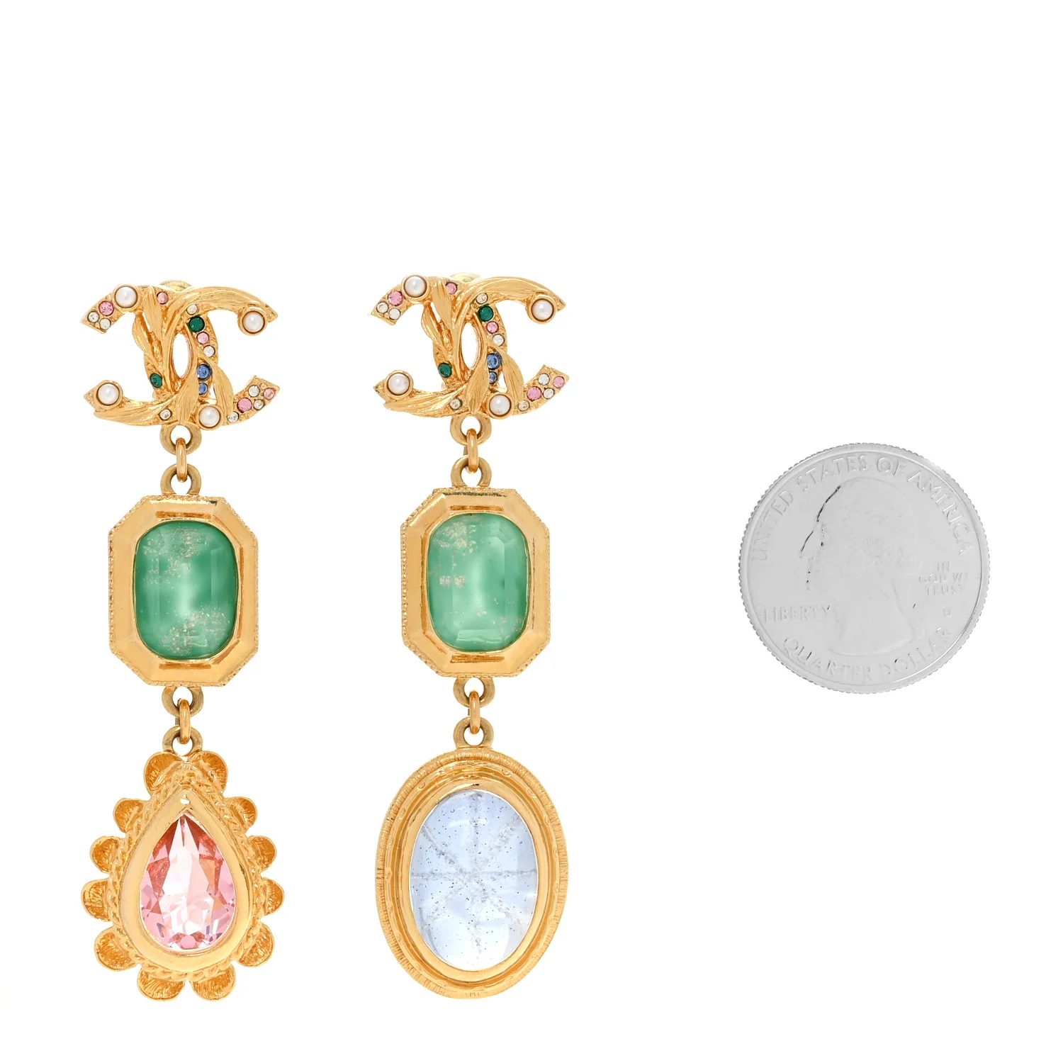 Crystal Pearl CC Drop Earrings Gold Green Pink - Image 2