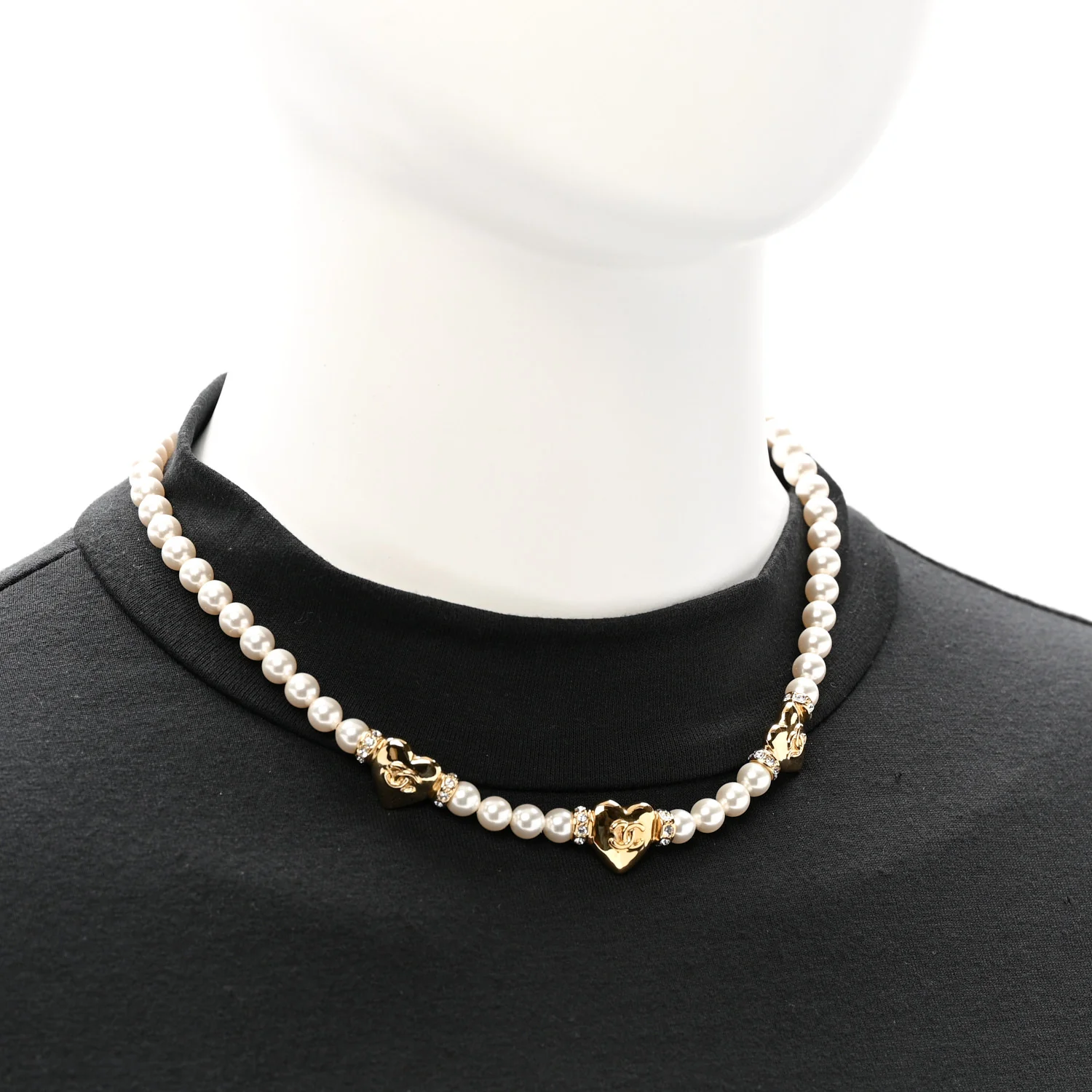 Crystal Pearl CC Heart Choker Necklace Gold - Image 2