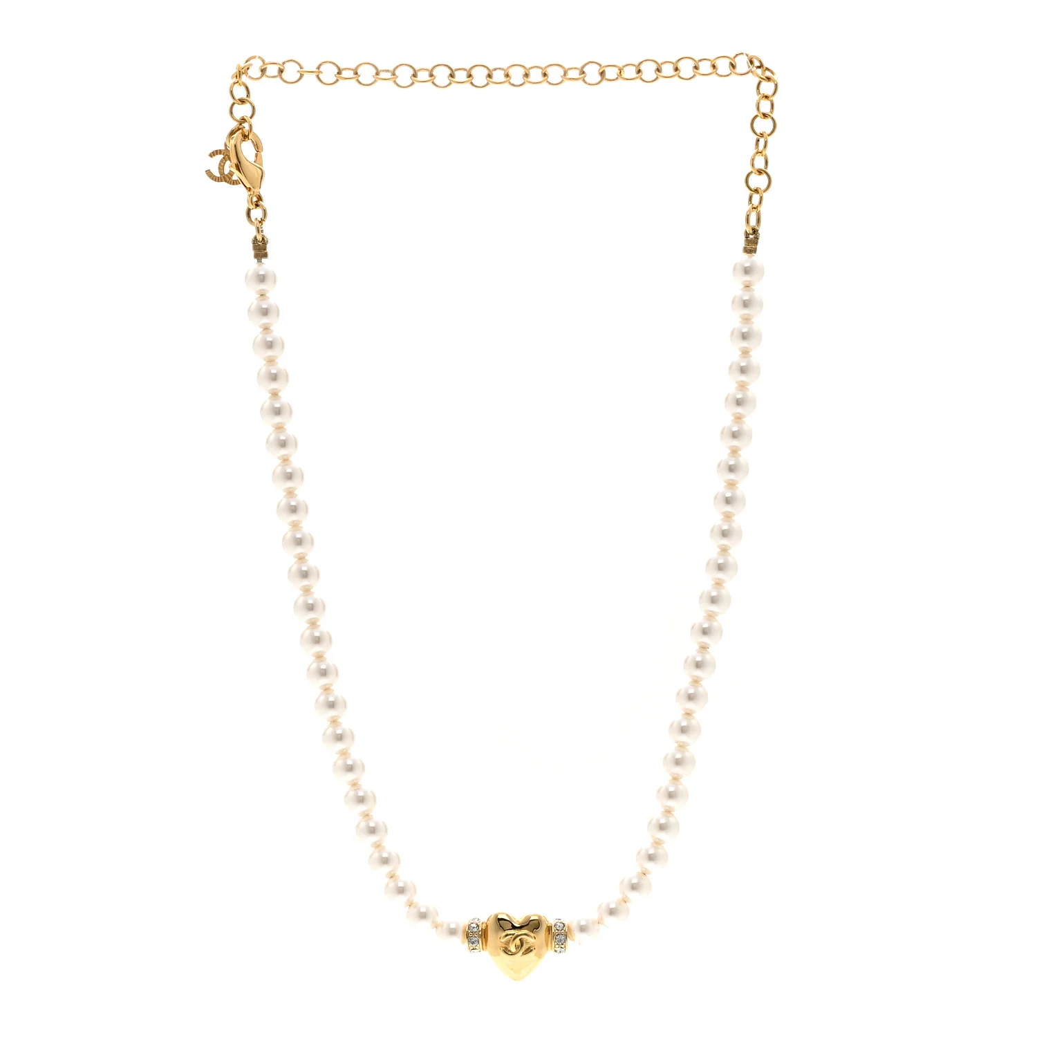 Crystal Pearl CC Heart Choker Necklace Gold - Image 3