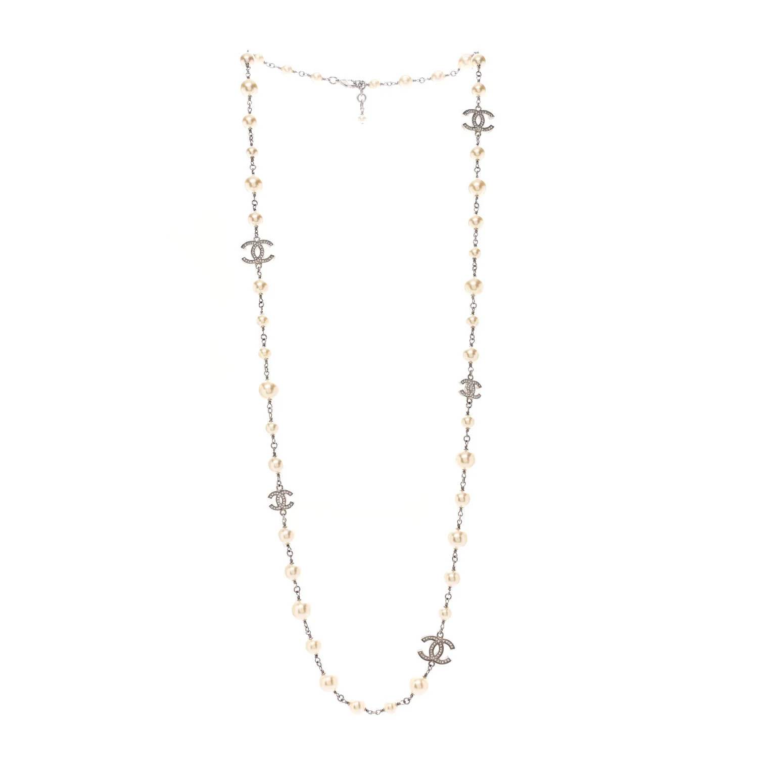 Crystal Pearl CC Long Necklace Silver - Image 3