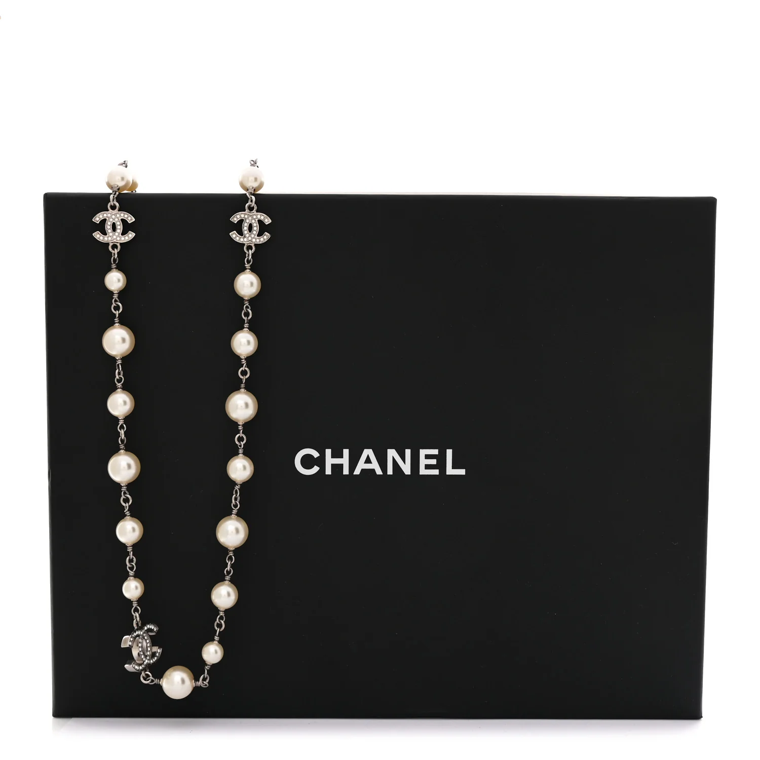 Crystal Pearl CC Long Necklace Silver - Image 7
