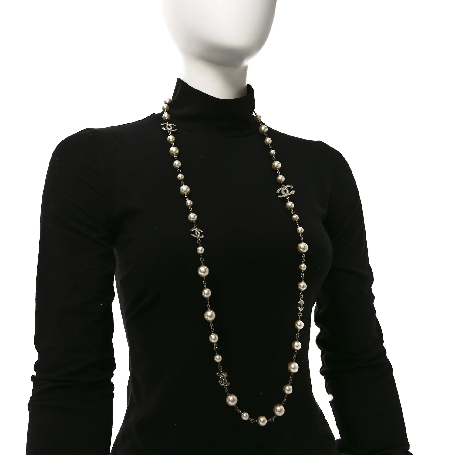 Crystal Pearl CC Long Necklace Silver - Image 2