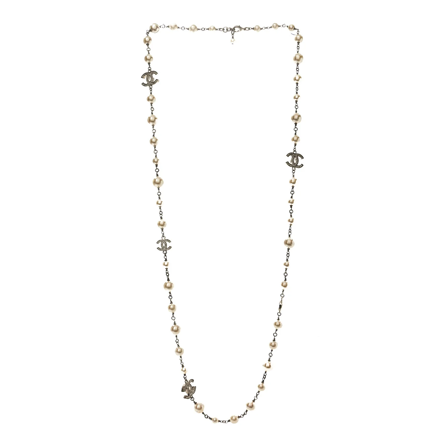 Crystal Pearl CC Long Necklace Silver - Image 3