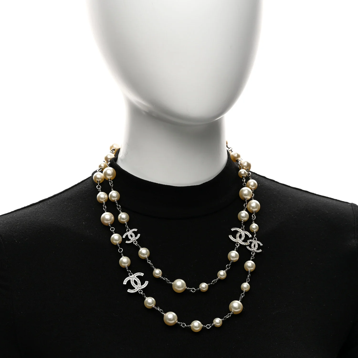 Crystal Pearl CC Long Necklace Silver - Image 2