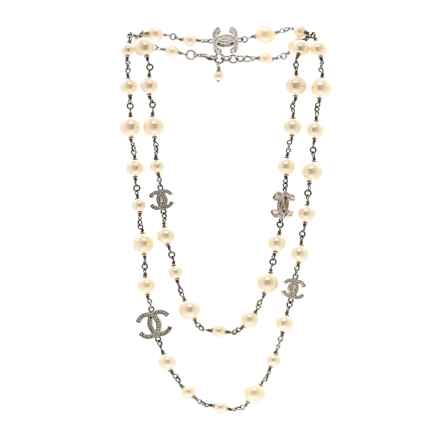 Crystal Pearl CC Long Necklace Silver - Image 3