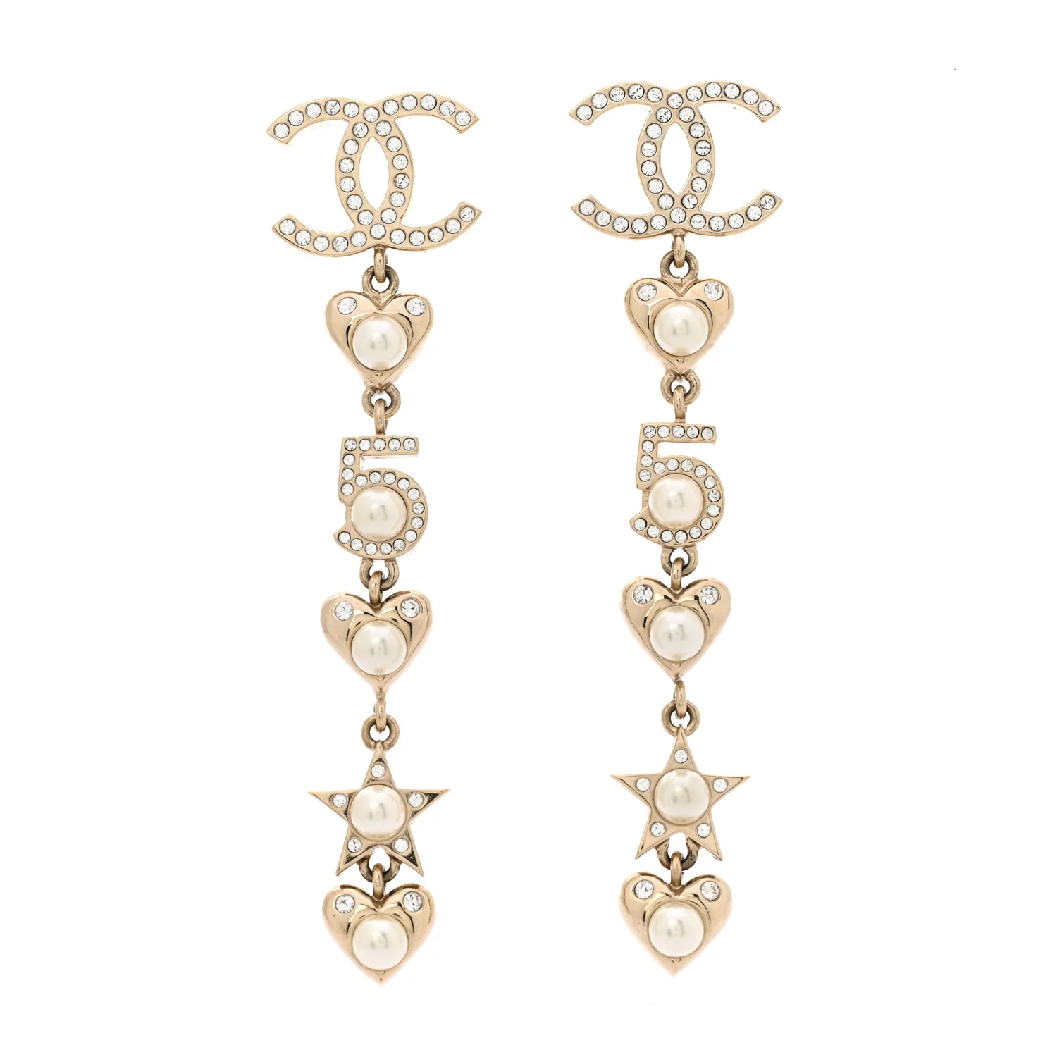 Crystal Pearl Charming Winter CC Star Heart Drop Earrings Gold