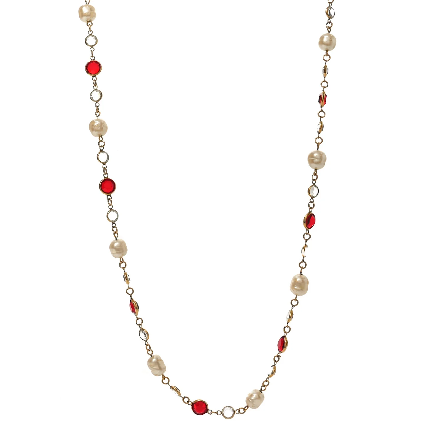 Crystal Pearl Chicklet Sautoir Necklace Red Gold