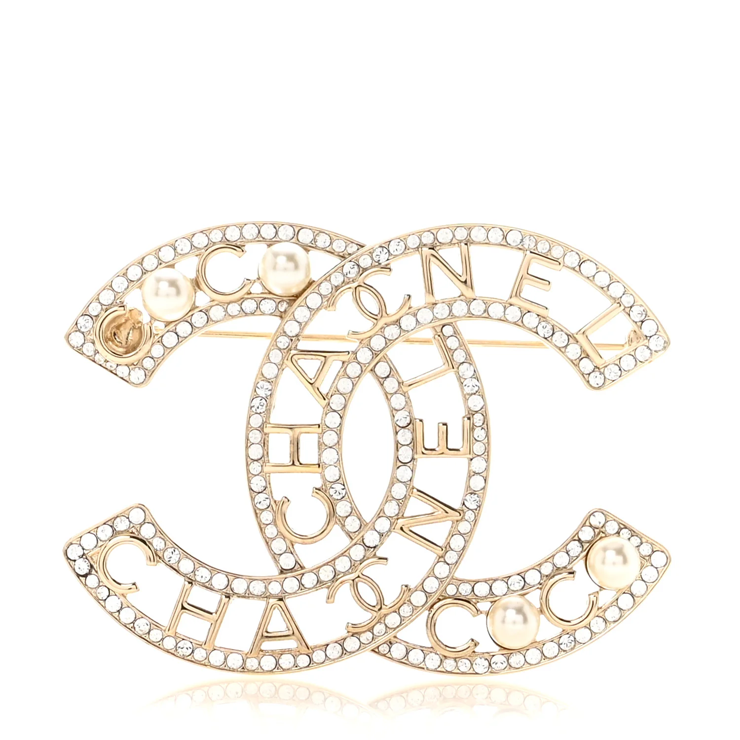 Crystal Pearl Coco CC Logo Brooch Gold