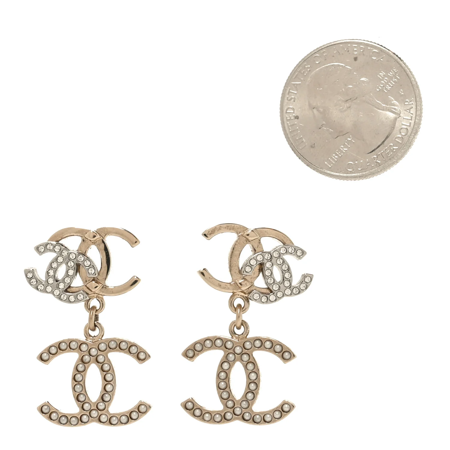Crystal Pearl Double CC Drop Earrings Gold Silver - Image 2