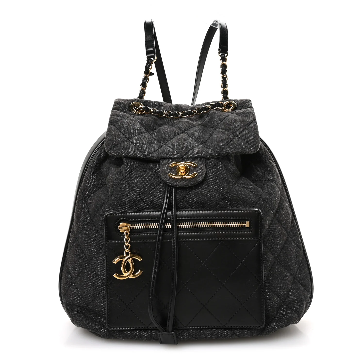 Denim Calfskin Quilted Backpack Dark Grey Black