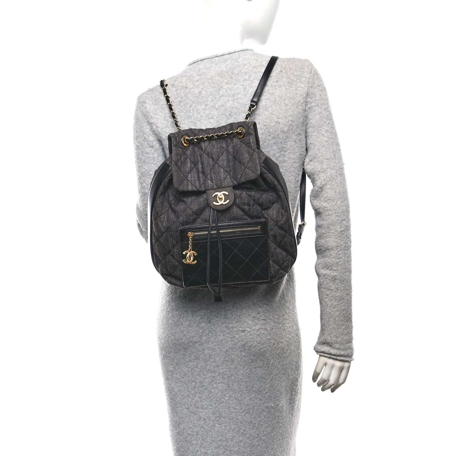 Denim Calfskin Quilted Backpack Dark Grey Black - Image 2