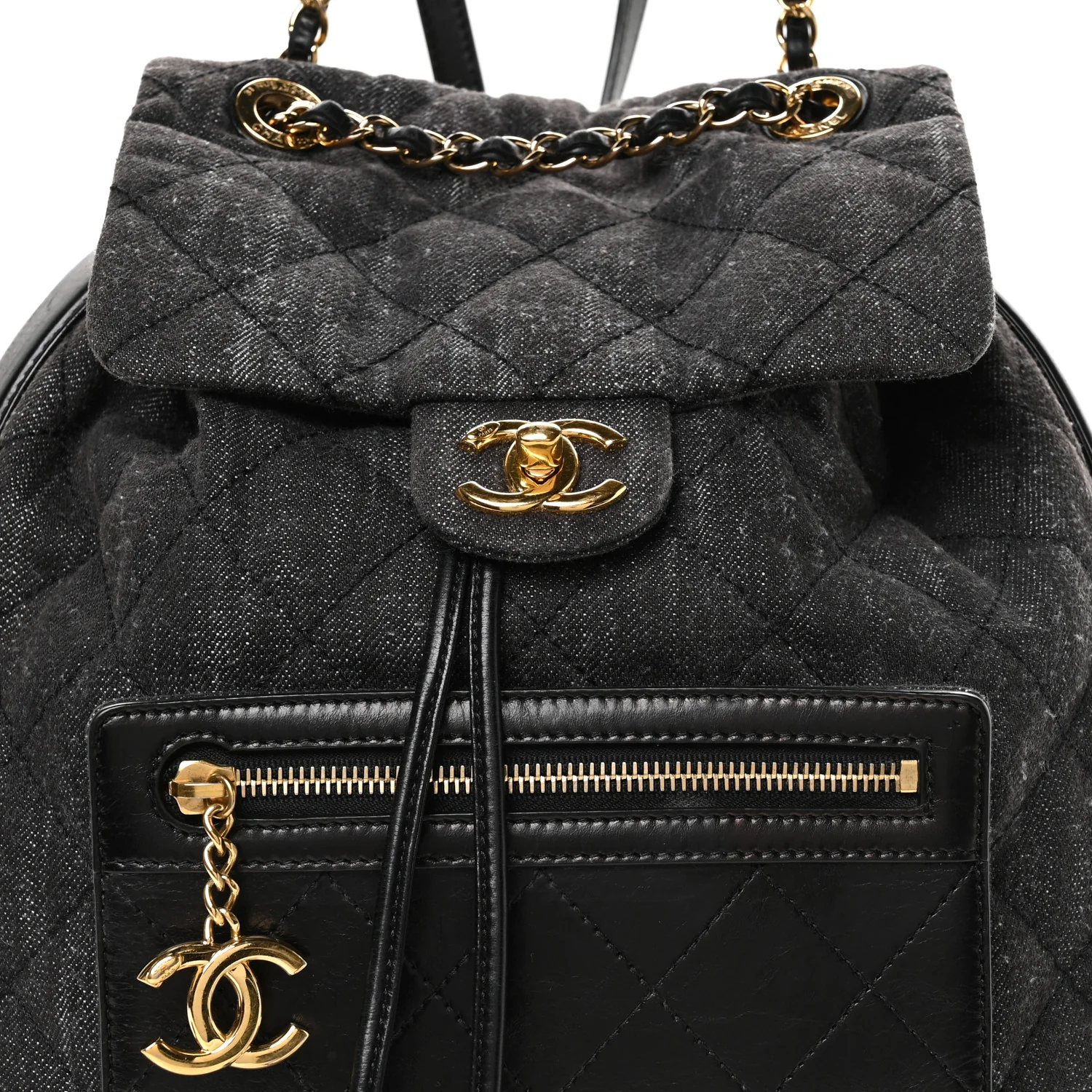 Denim Calfskin Quilted Backpack Dark Grey Black - Image 8