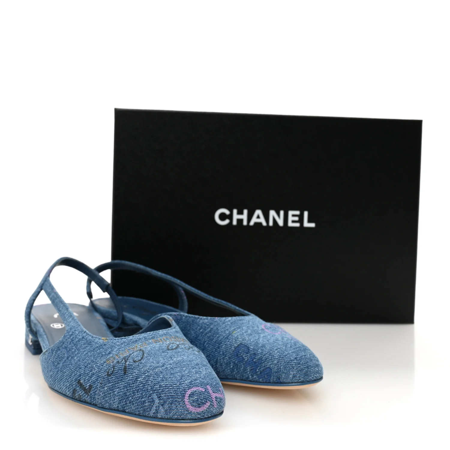 Denim Printed Denim Mood Cap Toe CC Slingback Flats 37 Light Blue Multicolor - Image 8