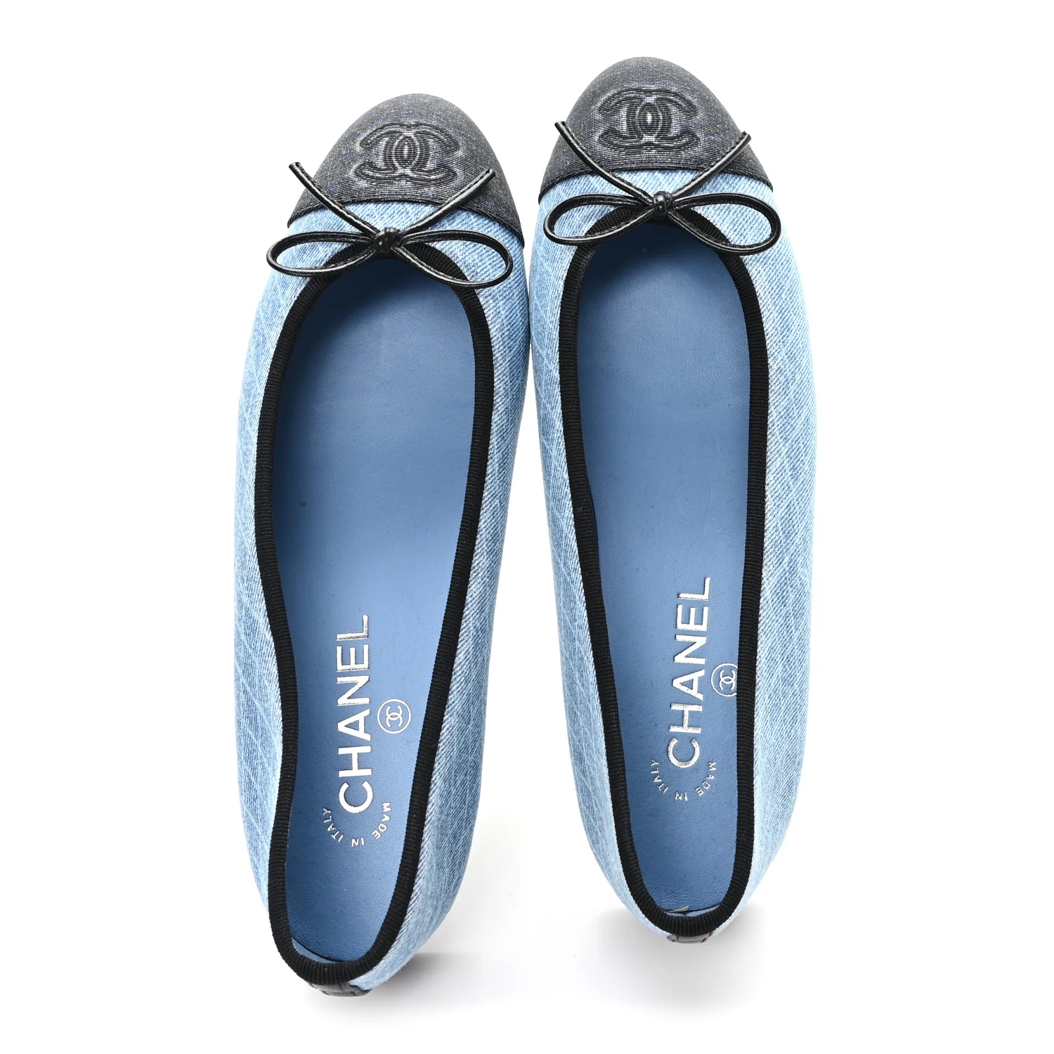 Denim Printed Quilt CC Cap Toe Ballerina Flats 38.5 Light Blue Dark Grey - Image 2