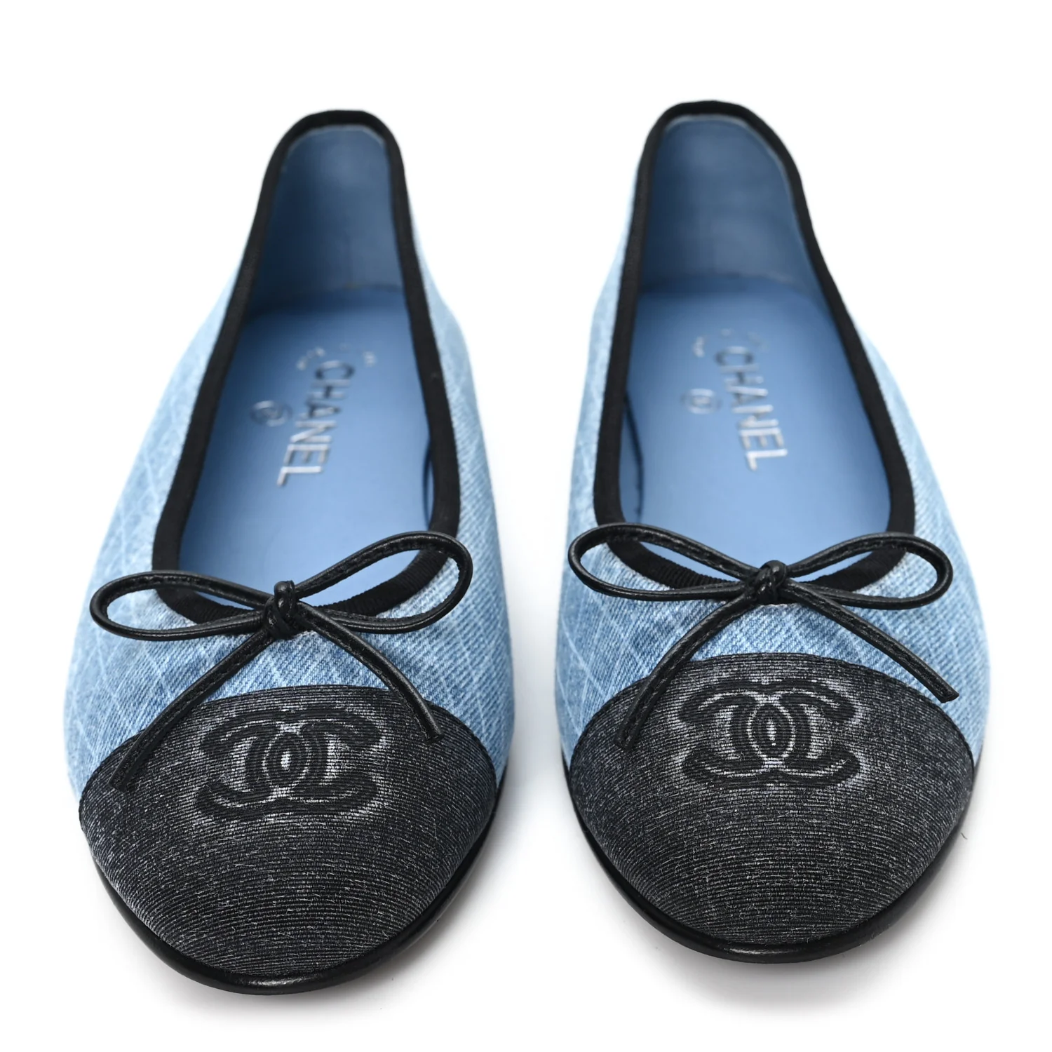 Denim Printed Quilt CC Cap Toe Ballerina Flats 38.5 Light Blue Dark Grey - Image 3