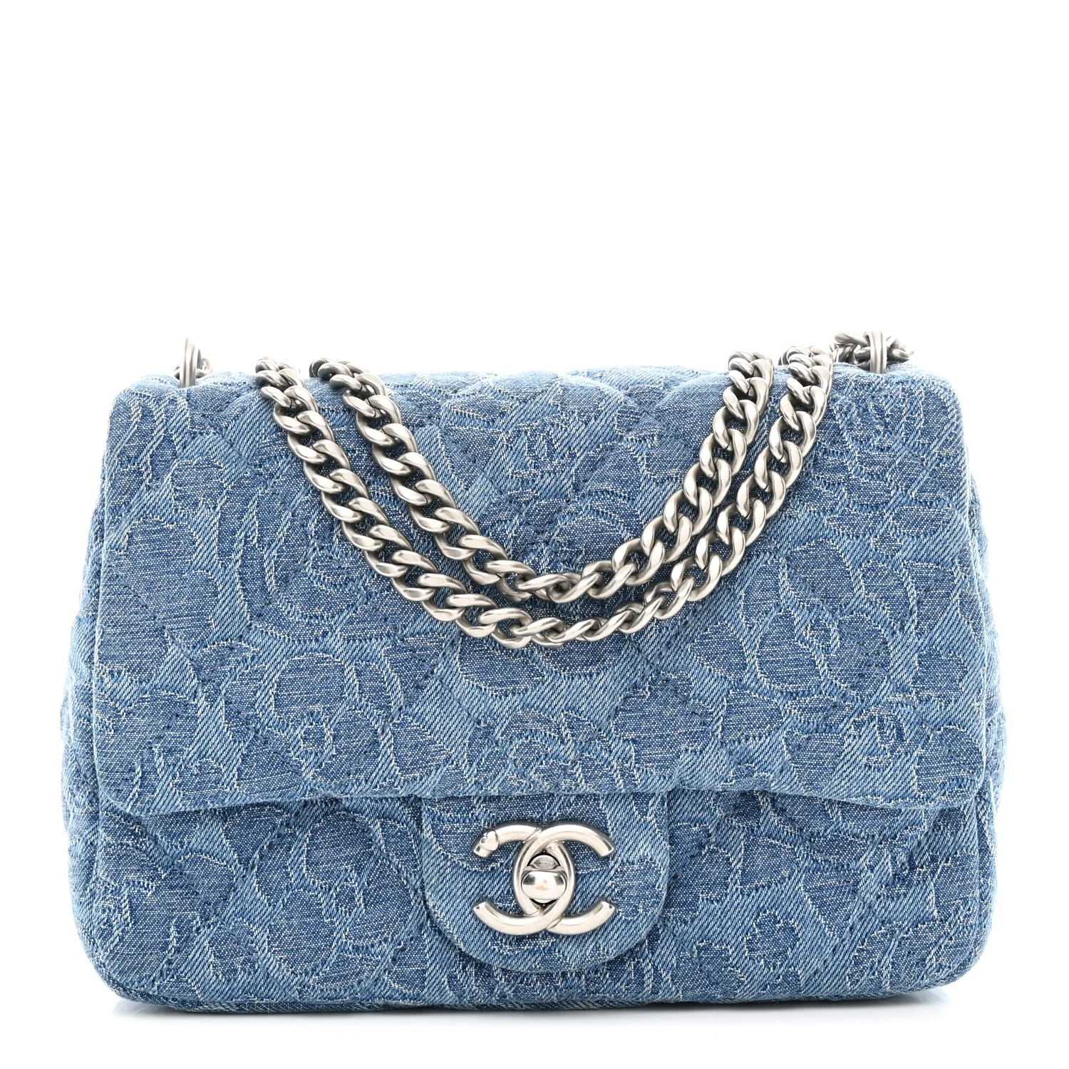 Denim Quilted Camellia Sweetheart Mini Flap Blue