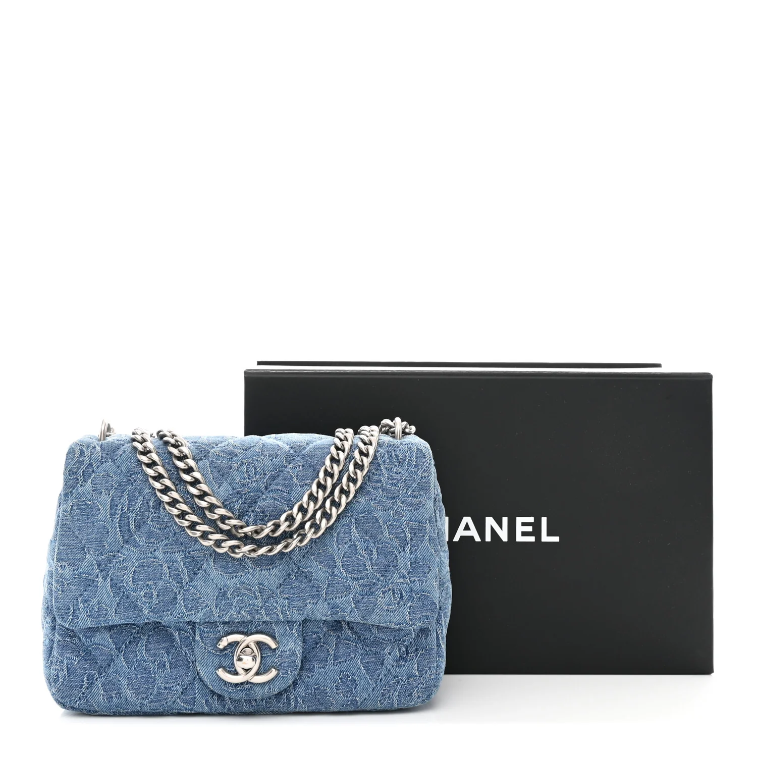 Denim Quilted Camellia Sweetheart Mini Flap Blue - Image 11