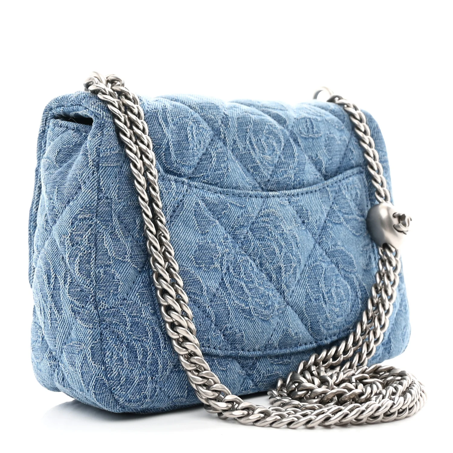 Denim Quilted Camellia Sweetheart Mini Flap Blue - Image 3