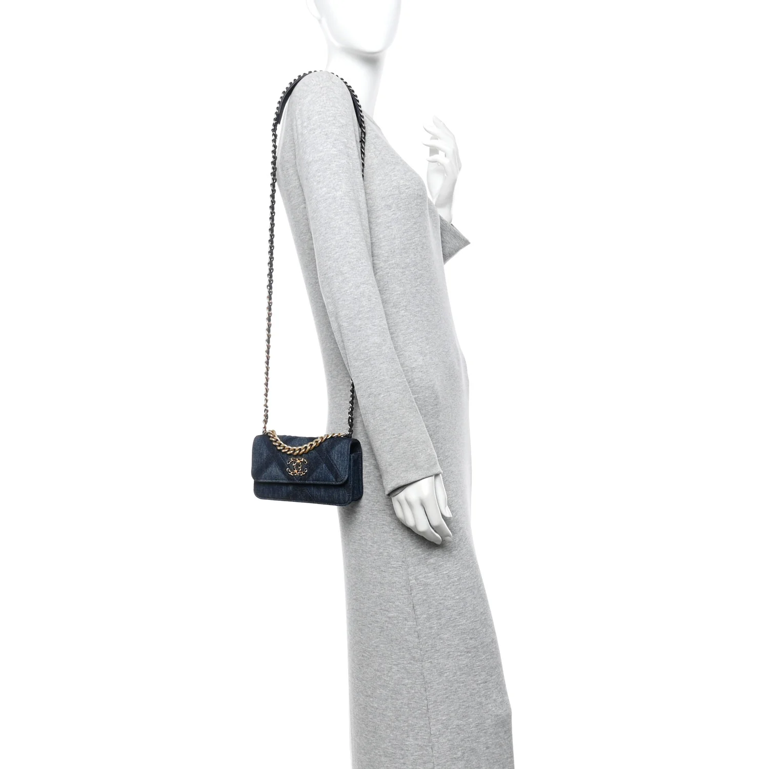 Denim Quilted Chanel 19 Flap Phone Holder With Chain Blue - Image 2