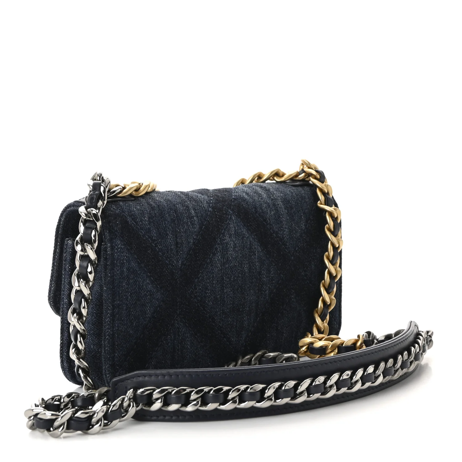 Denim Quilted Chanel 19 Flap Phone Holder With Chain Blue - Image 3