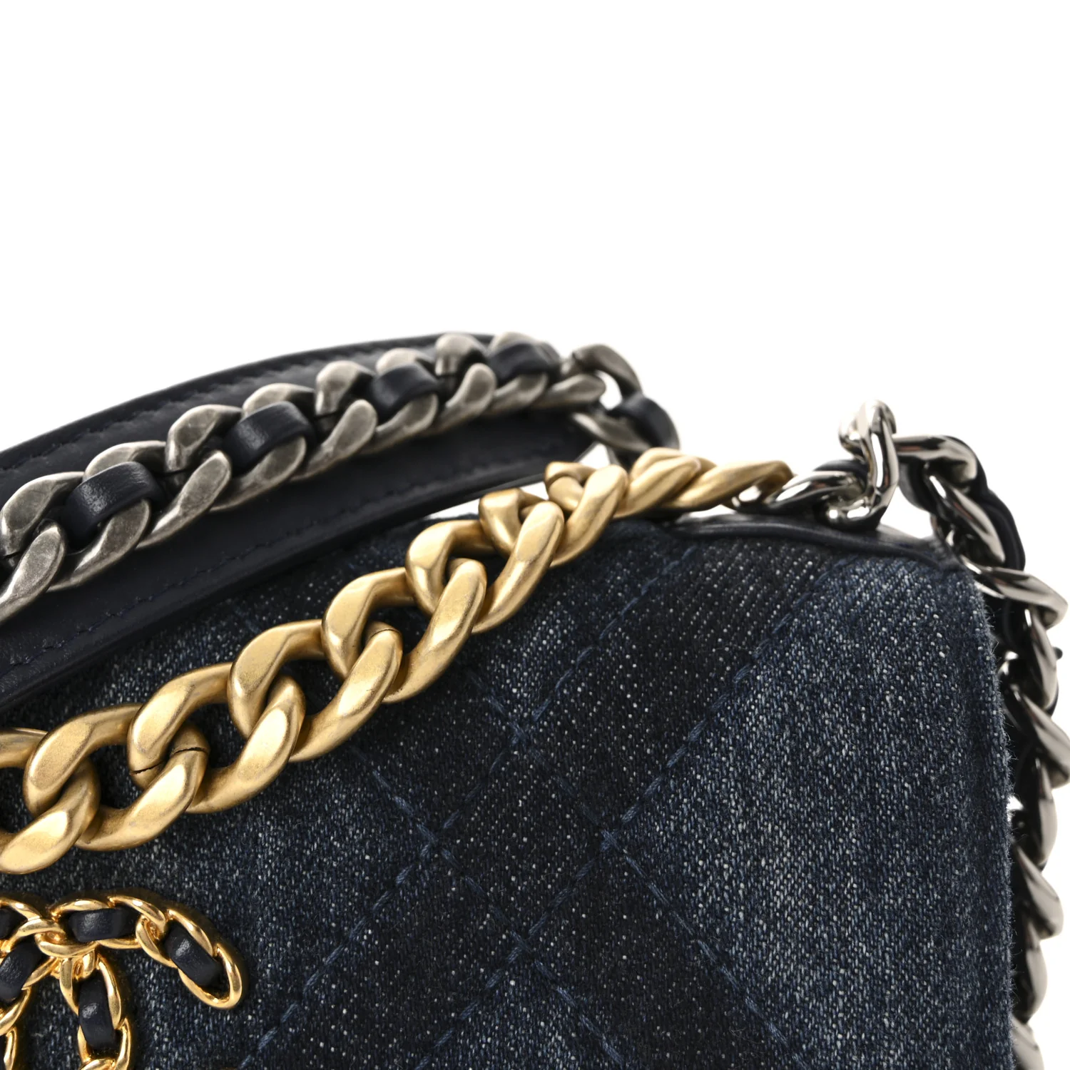 Denim Quilted Chanel 19 Flap Phone Holder With Chain Blue - Image 8