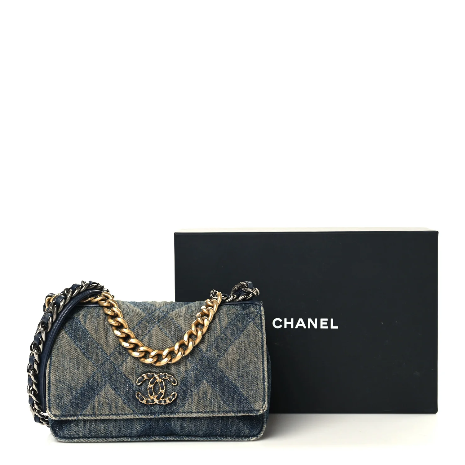 Denim Quilted Chanel 19 Wallet On Chain WOC Blue - Image 12