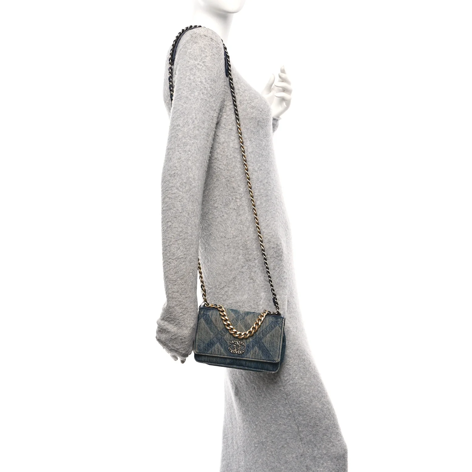 Denim Quilted Chanel 19 Wallet On Chain WOC Blue - Image 2