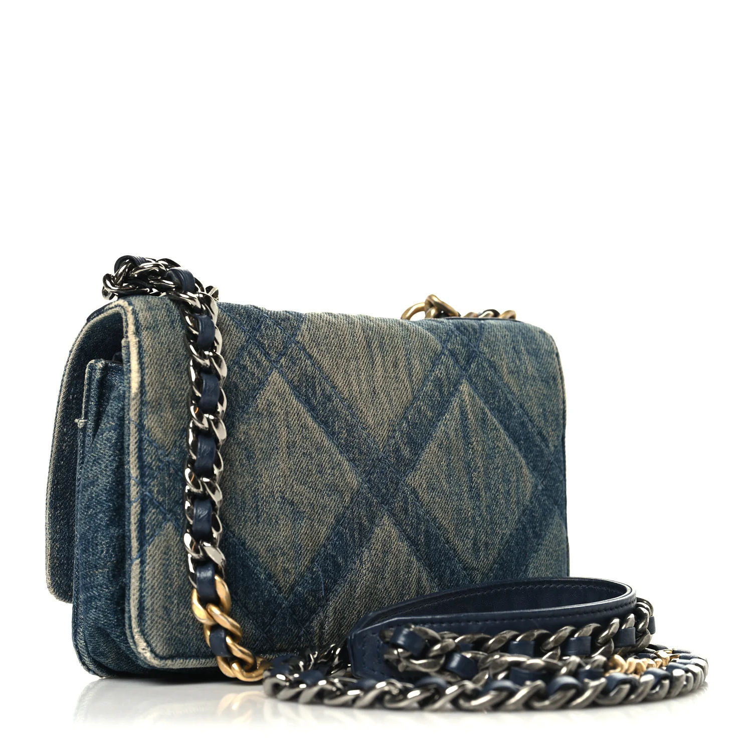 Denim Quilted Chanel 19 Wallet On Chain WOC Blue - Image 3