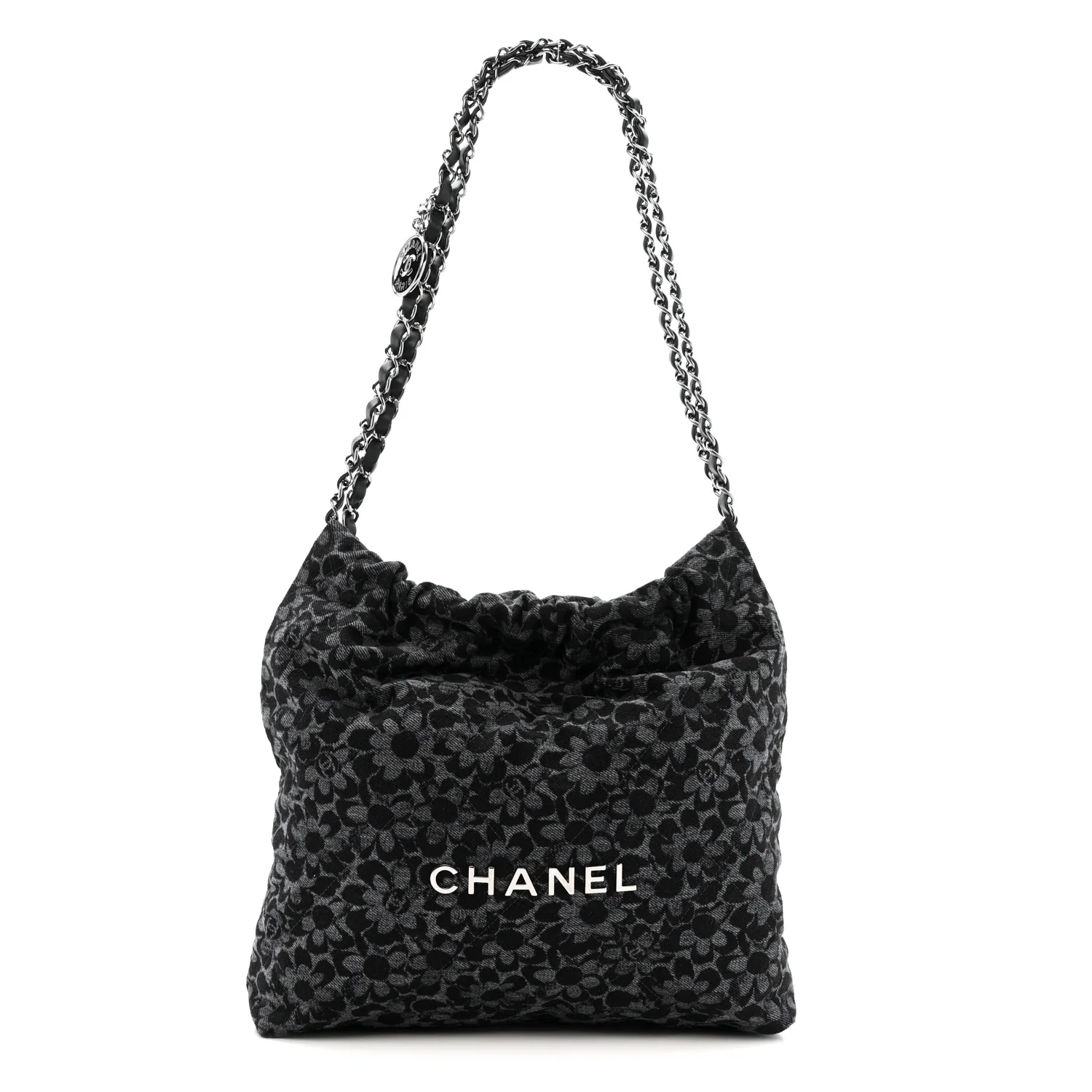Denim Quilted Floral Print Small Chanel 22 Black